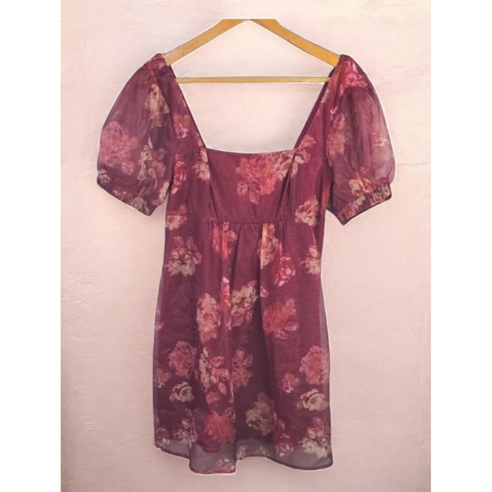 wild fable Dress Womens Sz Small Berry Floral Puff Sleeve Babydoll Empire Waist